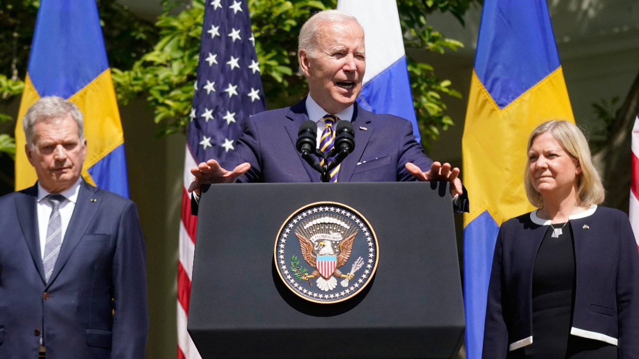 President Joe Biden, accompanied by Swedish Prime Minister Magdalena Andersson, right, and Finnish President Sauli Niinisto, speaks in the White House Rose Garden on Thursday. (AP Photo/Andrew Harnik)